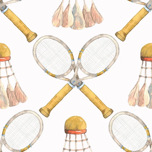 Badminton elementli suluboya desenli. Beyaz arka planda elle çizilmiş ve izole edilmiş. Atletik yaşam tarzı, spor tasarımı.