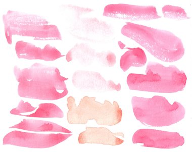 Beyaz arka planda izole edilmiş pembe suluboya lekeleri koleksiyonu. Soyut suluboya lekeleri, mürekkep, pembe.