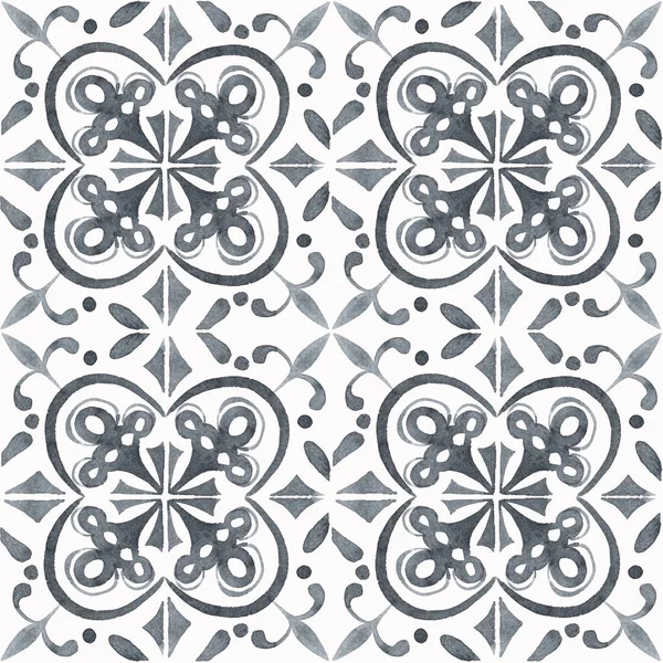 Hand-painted watercolor Portuguese tiles with gray ornament. Seamless pattern on white background.