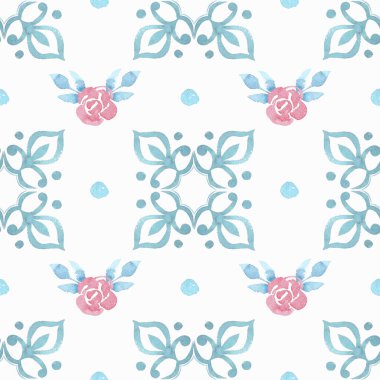 Seamless watercolor pattern with imitation ceramic tile ornament and floral elements.  Texture for wallpaper, fabric, wrapping paper.