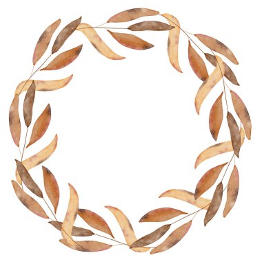 Yapraklı bir çelengin suluboya çizimi. Brihgt yeşilimsi yuvarlak çerçeveli el suluboya ile çizilmiş. Düğün davetiyesi şablonu, tebrik kartı, geçmiş.