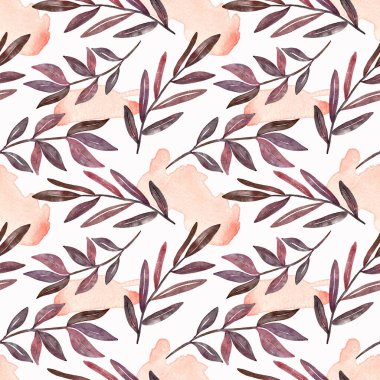 Çiçek elementleri ve lekeleri olan dikişsiz suluboya deseni. Paket kağıdı, kumaş, kart ve davetiyeler için doku.