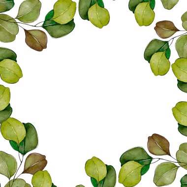 Yapraklı bir çelengin suluboya çizimi. Suluboya ile çizilmiş parlak yeşil çerçeveli el. Düğün davetiyesi şablonu, tebrik kartı, geçmiş.