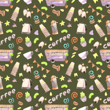 Kahve ve çay elementleriyle suluboya desenli. Paket kağıdı, kumaş, kart ve davetiyeler için doku.