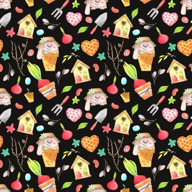 Tavşan, kuş evi ve bahar elementleriyle suluboya desenli. Paket kağıdı, kumaş, kart ve davetiyeler için doku.