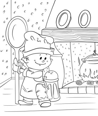 Komik elf şefiyle boyama sayfaları. Çizgi tasarımı yetişkinler veya çocuklar için karalama tarzında boyama.