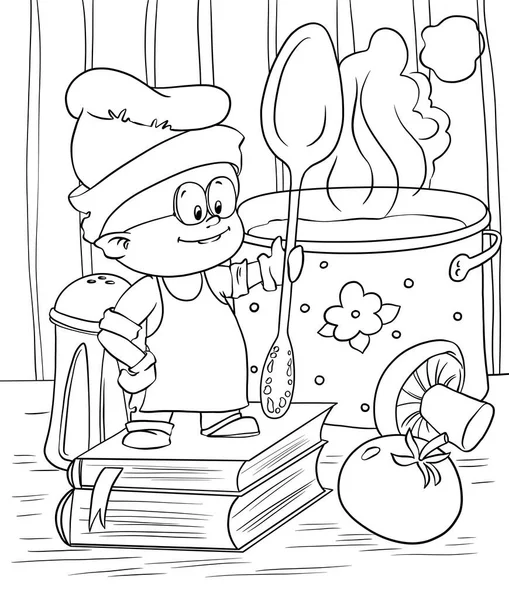 Komik elf şefiyle boyama sayfaları. Çizgi tasarımı yetişkinler veya çocuklar için karalama tarzında boyama.