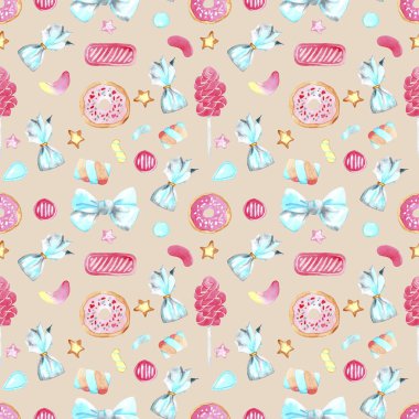 Farklı tatlılarla sulu boya desenli. Beyaz arka planda elle çizilmiş ve izole edilmiş..