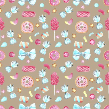 Farklı tatlılarla sulu boya desenli. Beyaz arka planda elle çizilmiş ve izole edilmiş..