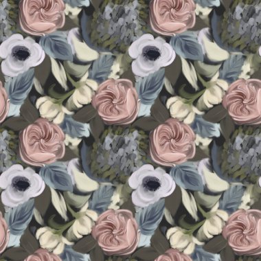 Kusursuz desenli, soyut çiçek resimli. Desen, arkaplan, duvar kağıdı, doku, dekor için elle boyanmış arkaplan.