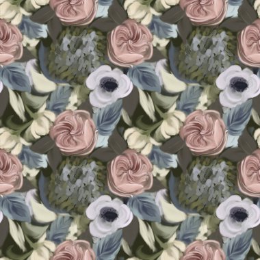 Kusursuz desenli, soyut çiçek resimli. Desen, arkaplan, duvar kağıdı, doku, dekor için elle boyanmış arkaplan.