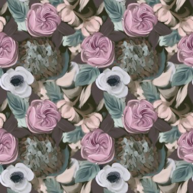 Kusursuz desenli, soyut çiçek resimli. Desen, arkaplan, duvar kağıdı, doku, dekor için elle boyanmış arkaplan.