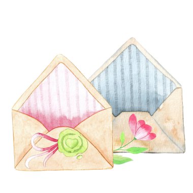 Eski zarflı suluboya çizimler. Desen, arkaplan, kart, doku, dekor veya çıkartmalar için elle boyanmış resimleme.