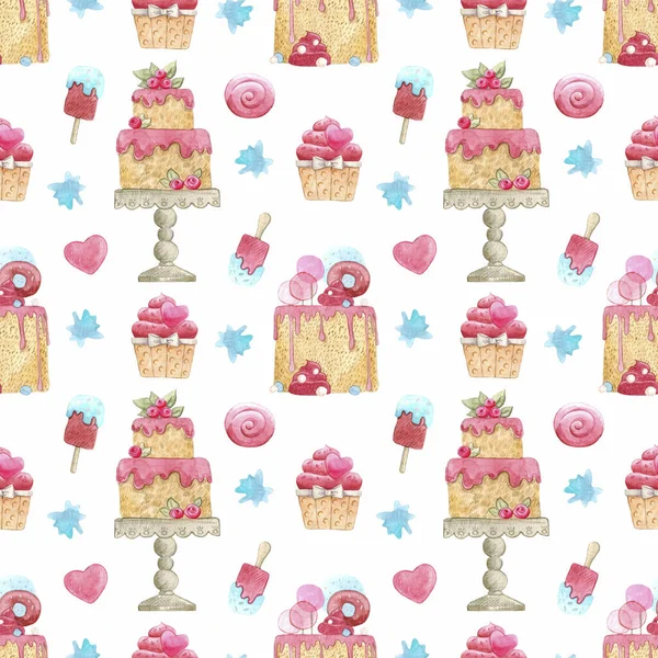 Watercolor seamless pattern with cakes.  Hand painted background for design, background, wallpaper, textures, decor.