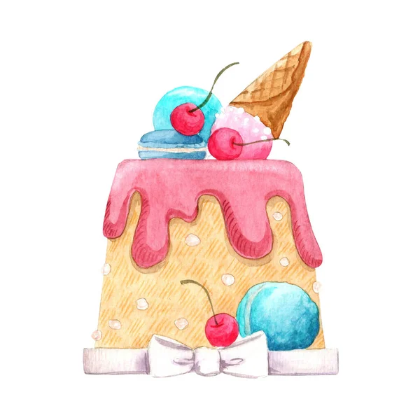 Aquarell Illustration Mit Kuchen Handgemalte Illustrationen Für Design Hintergrund Karten — Stockfoto