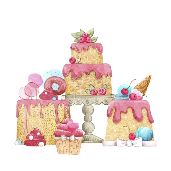 Aquarell Illustration Mit Kuchen Handgemalte Illustrationen Für Design Hintergrund Karten — Stockfoto