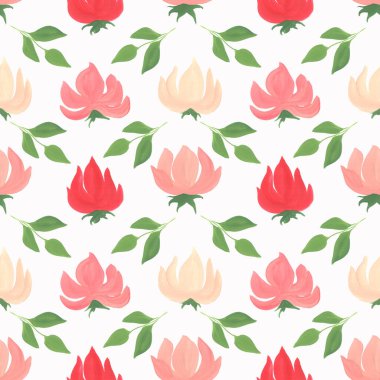 Çiçek resimli kusursuz desen. Desen, arkaplan, duvar kağıdı, doku, dekor için Gouache boyanmış arkaplan.