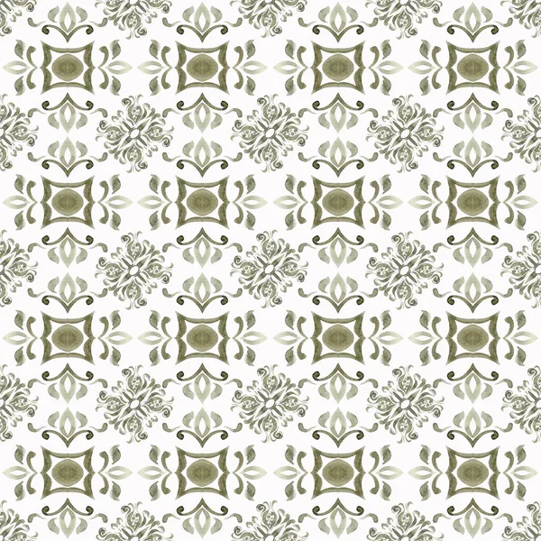 Hand-painted watercolor Portuguese tiles with green ornament. Seamless pattern on white background.