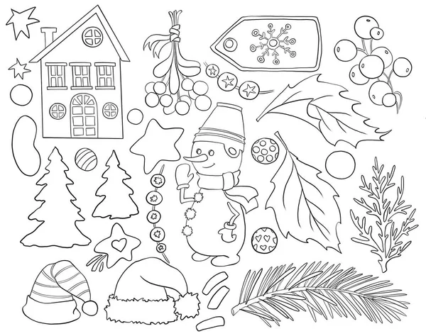 Winter Neujahr Weihnachten Umreißen Symbole Doodle Set Handgezeichnet Und Isoliert — Stockfoto