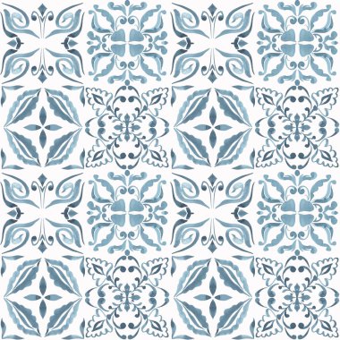 Seramik fayans stilize edilmiş karo deseni. Mutfak duvarı ya da banyo seramik döşemesi için suluboya dokusu.