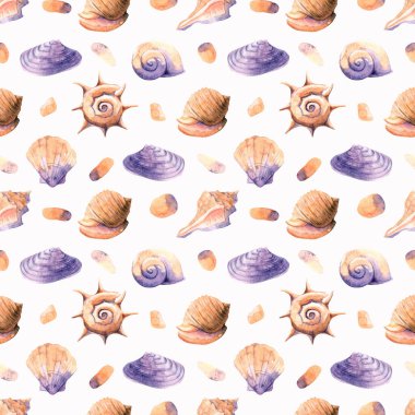 Suluboya deniz kabuklarıyla kusursuz bir arka plan. Duvar kağıdı, kumaş, ambalaj, kartlar için parlak desen.