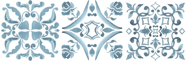 Set Van Aquarel Illustraties Keramische Tegel Stylization Met Blauwe Ornamenten — Stockfoto