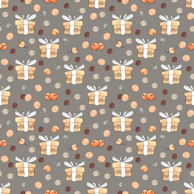 Noel çizimleriyle hoş, kusursuz bir desen. Sevimli ve komik çizgi film karakterleri: kardan adamlar, kuşlar, hediye kutuları. Ambalaj kağıdı, tekstil, dekorasyon için suluboya çizimi.