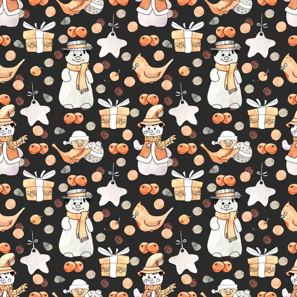 Cute seamless pattern with Christmas illustrations. Cute and funny cartoon characters: snowmans, birds, gift boxes. Watercolor illustration for wrapping paper, textile, decorations.