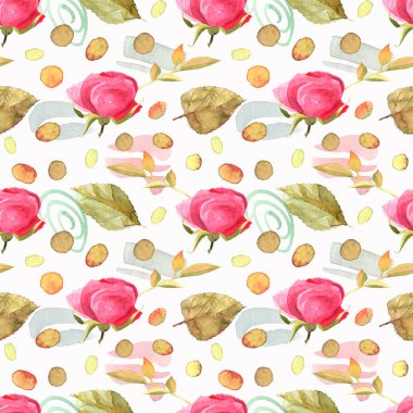 Çiçeksel elementlerle çizilmiş kusursuz desen. Paket kağıdı, kumaş, kart, duvar kağıdı ve ambalaj için doku. Suluboya çizimleri.