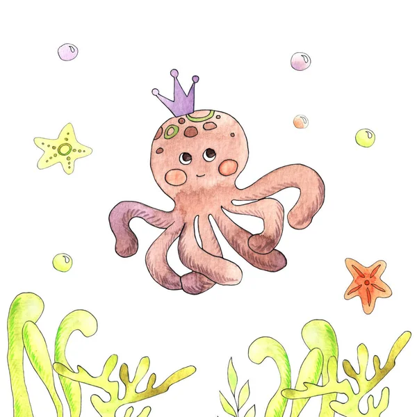 Aquarelillustratie Met Octopus Verzameling Van Handgetekende Elementen Voor Ontwerp — Stockfoto