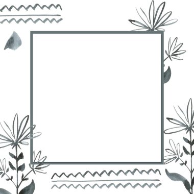 Watercolor square frame with blue elements. Hand painted frame for background, wallpaper, textures, decor.