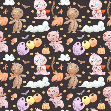 Cadılar Bayramı öğeleriyle kusursuz bir düzen. Paket kağıdı, kumaş, kart, duvar kağıdı ve ambalaj için doku. Suluboya çizimleri.