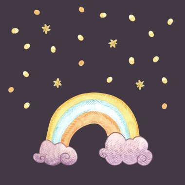 Gökkuşağı ve yıldızlı kare kart. Düğün davetiyesi için şablon, tebrik kartı, geçmiş. Suluboya çizimi.