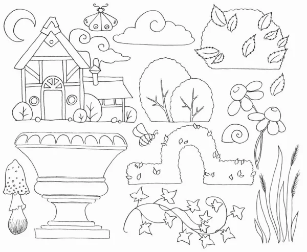 Schwarz Weißes Set Mit Schönen Gartenelementen Doodle Stil Sammlung Von — Stockfoto