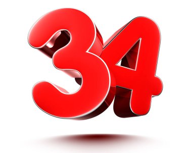 Kırmızı numaralar 34, beyaz arkaplan çizimi 3D görüntüleme. (Kırpma Yolu ile).