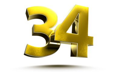 Kırpma yolu ile beyaz arkaplanda 34 numara altın 3D illüstrasyon