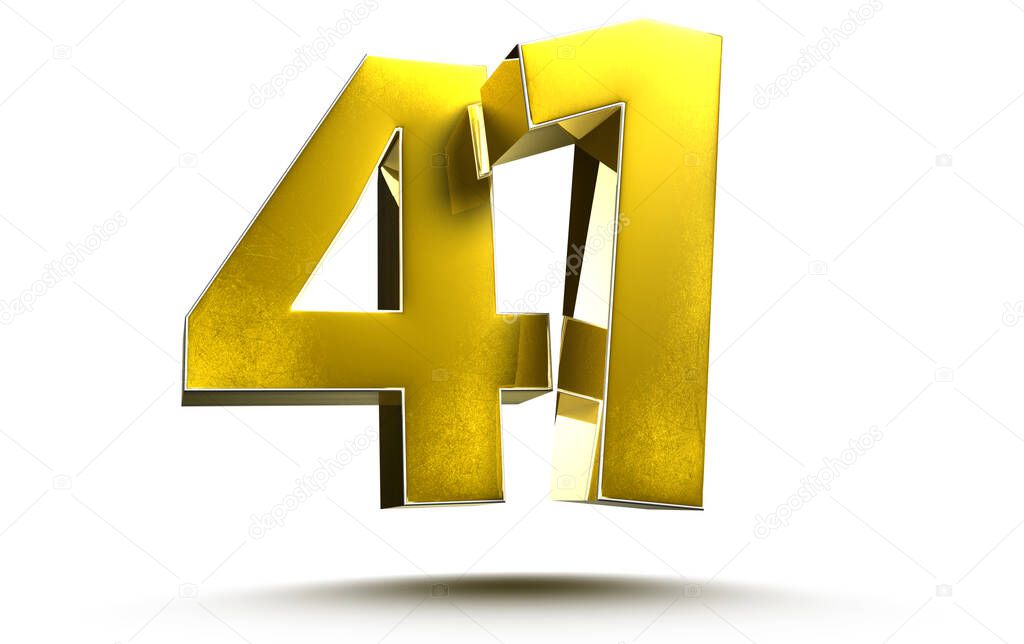 Gold numbers 41 isolated on white background illustration 3D rendering.(with Clipping Path).