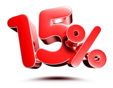 15 percent red isolated on white background illustration 3D rendering with clipping path.