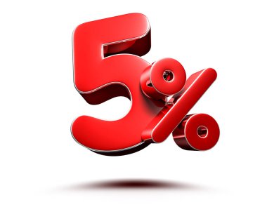 5 percent red on white background illustration 3D rendering with clipping path.