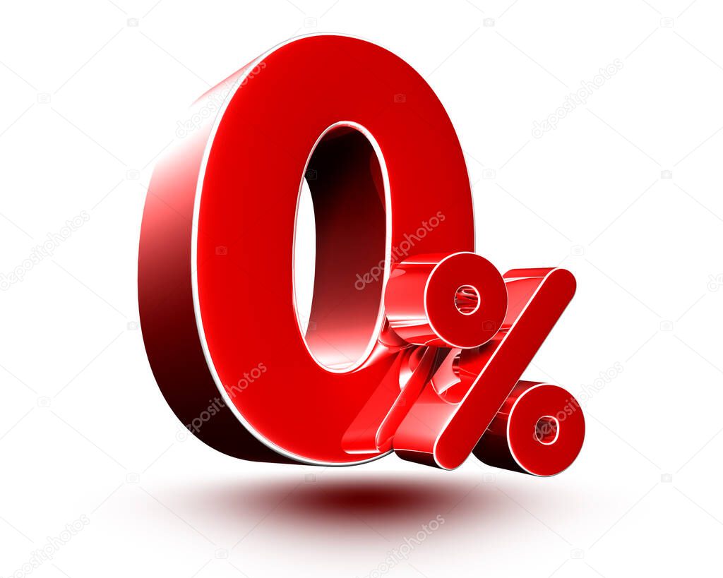 0 percent red on white background illustration 3D rendering with clipping path.