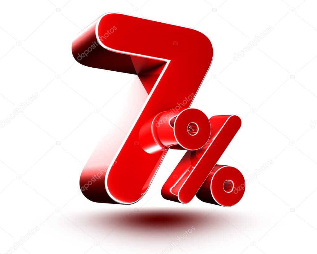 7 percent red on white background illustration 3D rendering with clipping path.