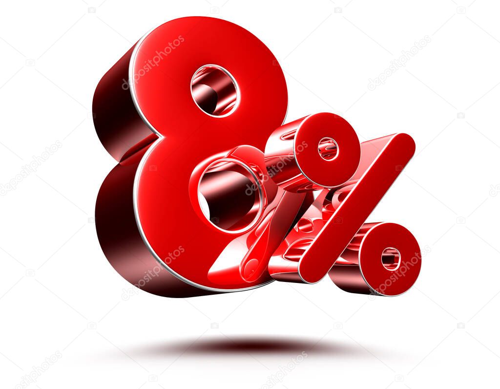 8 percent red on white background illustration 3D rendering with clipping path.