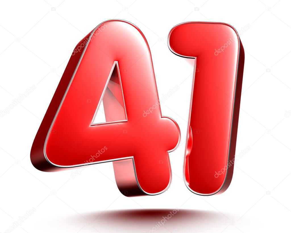 Red numbers 41 isolated on white background illustration 3D rendering with clipping path.