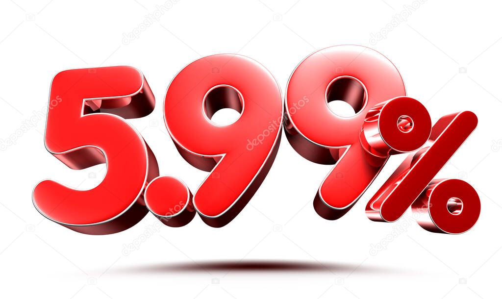 5.99 percent red on white background illustration 3D rendering with clipping path.