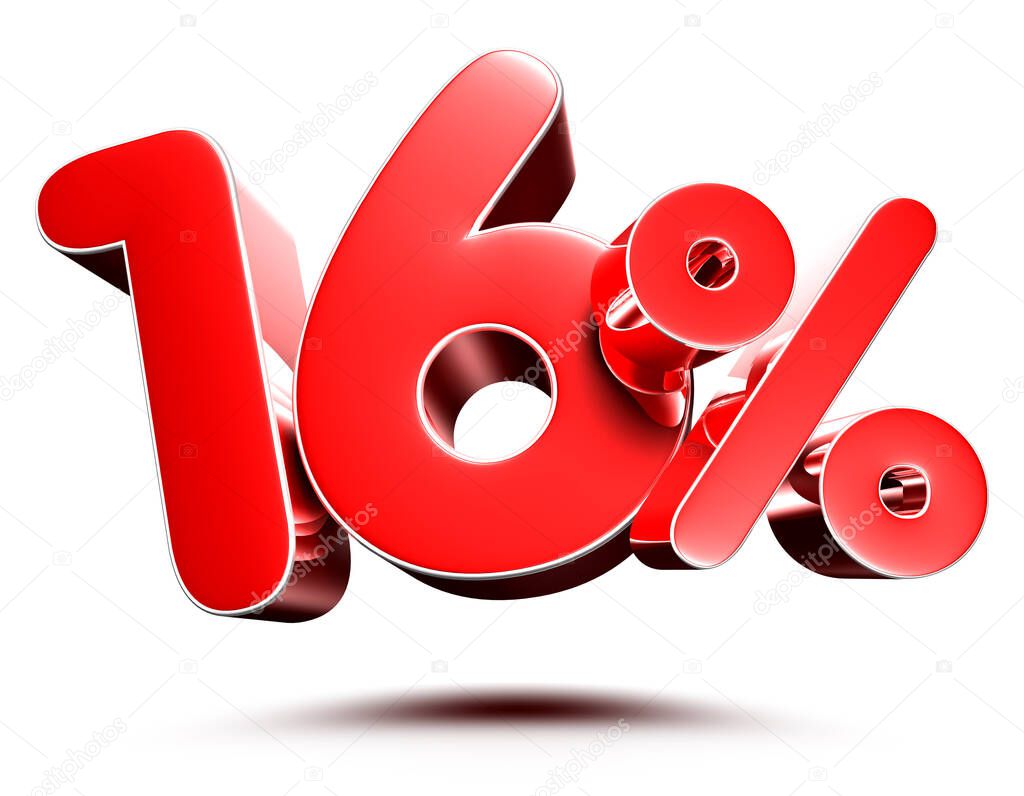 16 percent red isolated on white background illustration 3D rendering with clipping path.