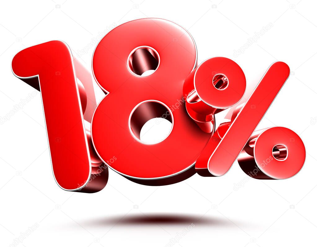 18 percent red on white background illustration 3D rendering with clipping path.