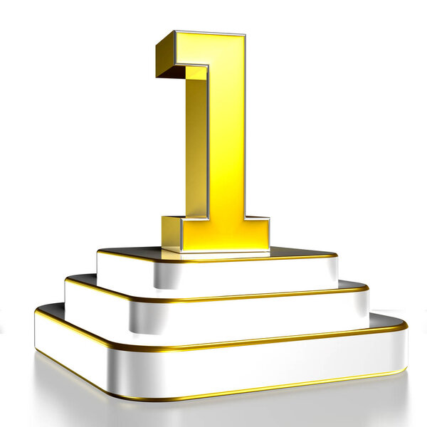 Numbers 1 gold 3D illustration are on a stainless steel platform with clipping path.