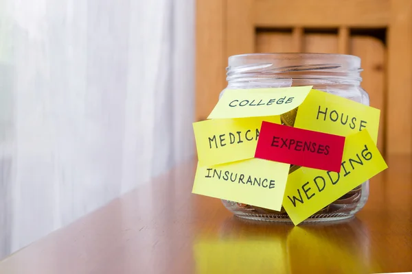 Expenses and orther tags on savings money jar — Stock Photo, Image