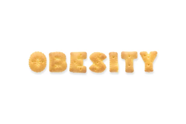Η παχυσαρκία λέξη επιστολή. Μπισκότο μπισκότα αλφάβητο — Φωτογραφία Αρχείου