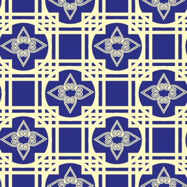 Mavi arka planda altın geometrik forlu kusursuz desen. Art deco.